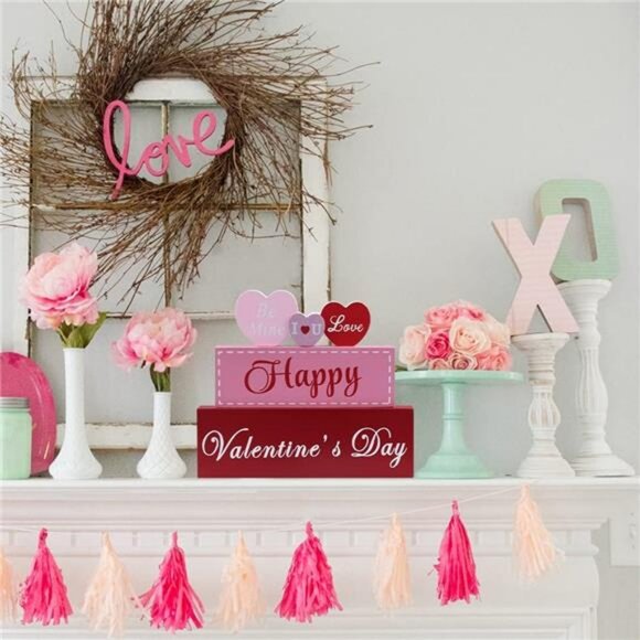 Valentines Day Decor, 3-Layered Pink Red Heart Wood Block Set - Picture 7 of 8